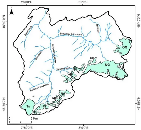 Figura  3.20  –  Red  hidrográfica  y  principales  glaciares  de  la  cuenca  del  Lütschine.  Glaciares:  Ts,  Tschingelfirn; Br, Breithorngletscher; HS, Hindre Schmadrigletscher; VS, Vordre Schmadrigletscher; MB,  Mittlerer  Breitlouwenengletscher;  St,