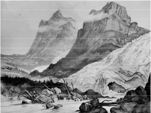 Figura  3.27  –  Litografía  de  una  escena  posterior  a  un  evento  de  inundación  (outburst  flood)  del  glaciar  Unterer Greindelwald en el año de 1842. Barnard, 1842, Archiv H. Zumbühl.                                       