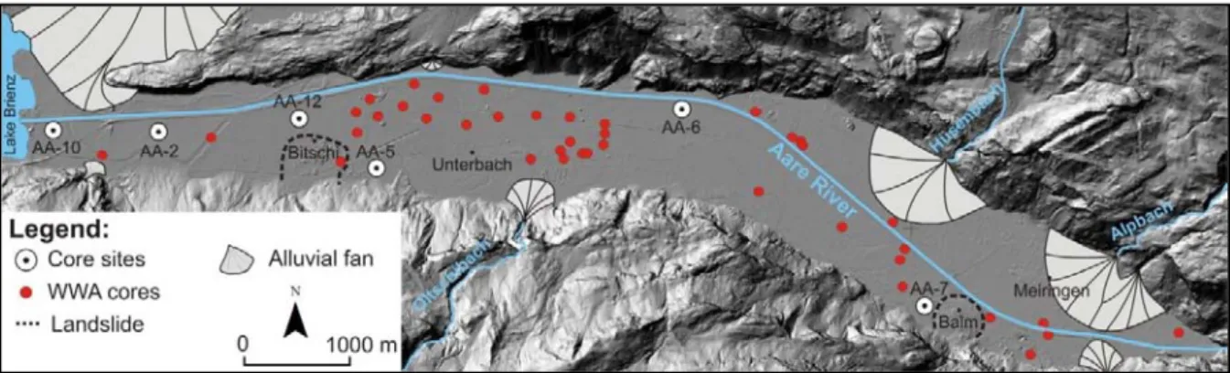 Figura 4.5 ‐ Localización de los testigos sedimentarios en el valle Hasli inferior. MDT: SwissTopo, 2005. 