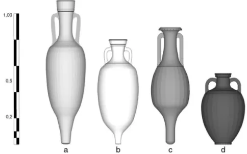 Figura 1 – Modelos digitales de los dise ˜nos de ánfora analizados: a) Pascual 1; b) Laietana 1, c) Dressel 7-11, d) Oberaden 74