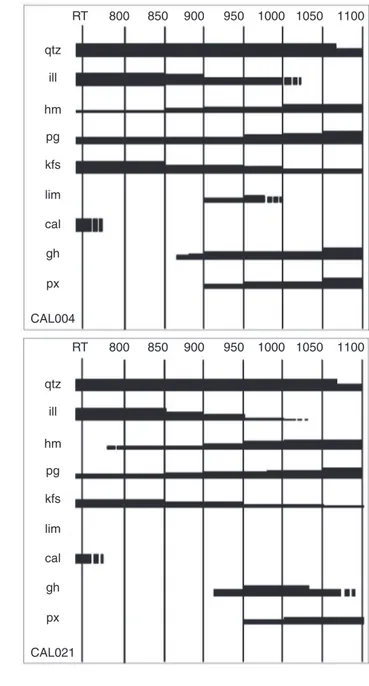 Figura 6 – Resultados del experimento de recocido de los individuos CAL004 (superior) y CAL021 (inferior) realizado a 800, 850, 900, 950, 1.000, 1.100 ◦ C