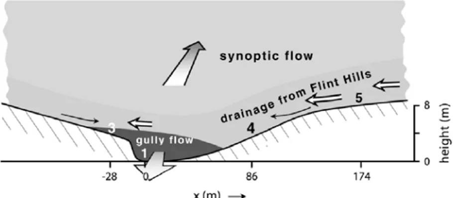 Figura 6.12 Esquema del flujo sinóptico del sur, el flujo superficial del norte y el flujo del este
