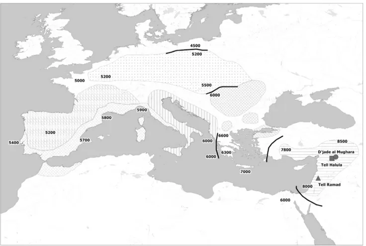 Figure 1. Map of the spread of Neolithic farming cultures in Europe. Shadings represent isochronous Neolithic archaeological cultures and black lines frontier zones between them