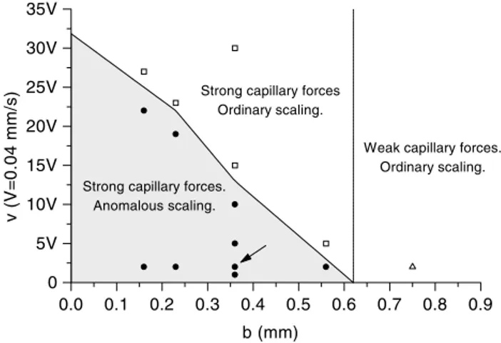 FIG. 5. Phase diagram y共b兲 indicating the regions where the anomalous scaling is observable