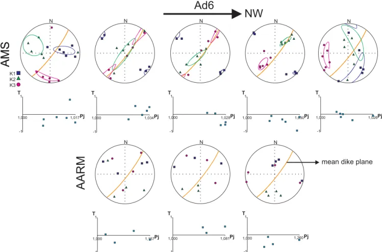 Figure 8. Equal-area lower-hemisphere stereograms of the principal AMS and AARM axes across profile of dike AD6