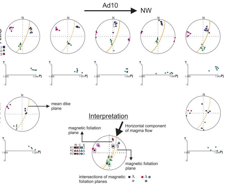 Figure 5. Equal-area lower-hemisphere stereograms of the principal AMS and AARM axes across profile of dike AD10