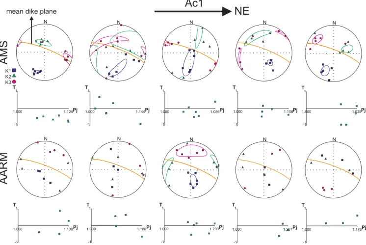 Figure 7. Equal-area lower-hemisphere stereograms of the principal AMS and AARM axes across profile of dike AC1