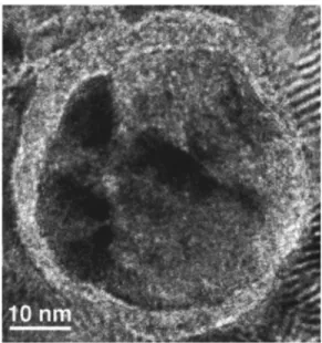 FIG. 9. HRTEM image for an ␣ -Fe precipitate in sample D, suggesting the existence of a surface layer of a few nanometer in thickness with a structure different from the particle core.