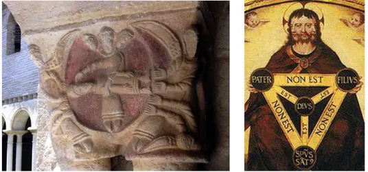 Fig.  9.  Izq.  La  Santísima  Trinidad  con  tres  cabezas  creando  a  Adán  (en  horizontal),  1ª  mitad  siglo  XII