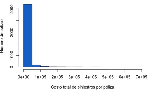 Figura 1: Histograma del costo total con al menos un siniestro.