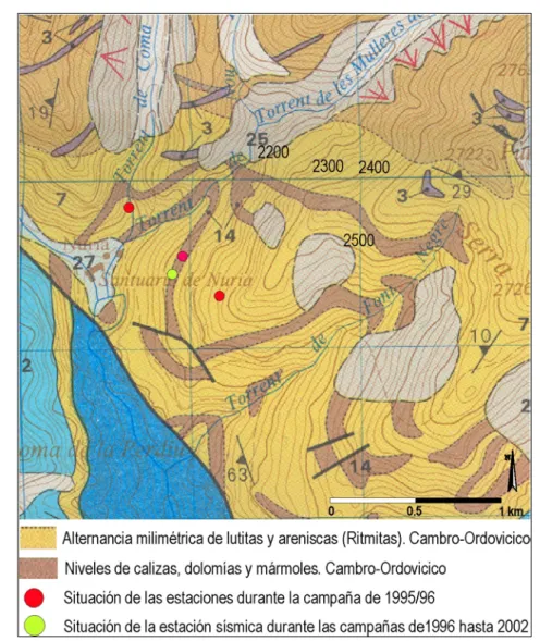 Figura 4-6. Mapa geológico (Instituto Tecnológico Geominero de España, 1994) de la zona de Vall de Núria