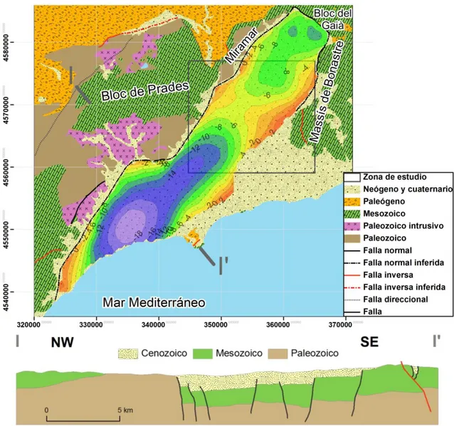 Figura 3.3. Mapa de anomalías gravimétricas residuales de la fosa del Camp de Tarragona sobreimpuesto  al esquema geológico de la zona (parte superior)