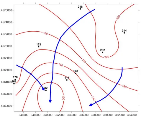 Figura 4.2. Mapa piezométrico de la zona de estudio. En negro: valores puntuales de nivel piezométrico,  en rojo: el resultado de la interpolación y en azul: representación de las líneas de flujo