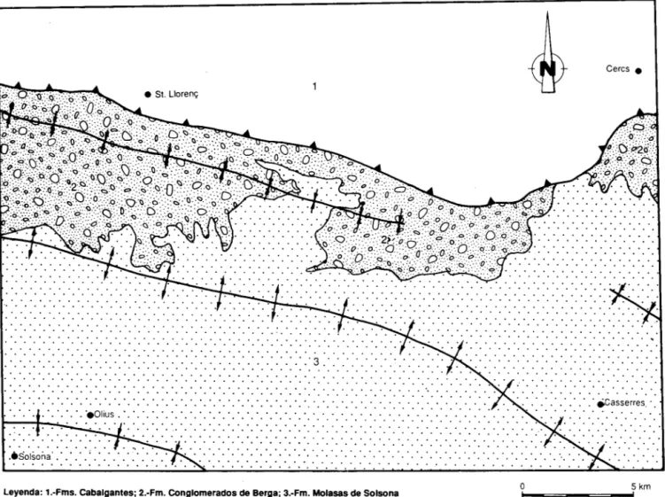 Figura 2.-Esquema litolOgico y estructural de la zona de estudio (Modificado de Saez y Riba 1986)