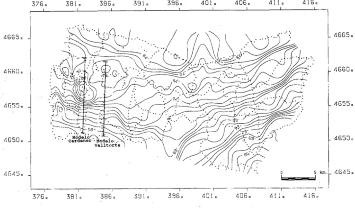 Figura 4.-Mapa  de anomalías de Bouguer d e  la zona de estudio. Los puntos marcan la situación de las medidas