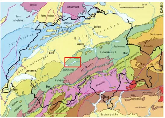 Figura 3.2: Formació geològica del relleu dels Alps suïssos . Font: NAGRA  ( http://www.nagra.ch/en/geologyofswitzerland.htm )  