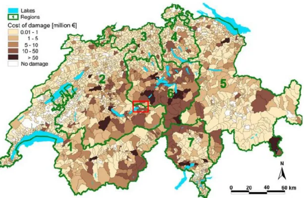 Figura 2.3: Mapa municipal de Suïssa amb la distribuació del dany econòmic  total, 1972 - 2007