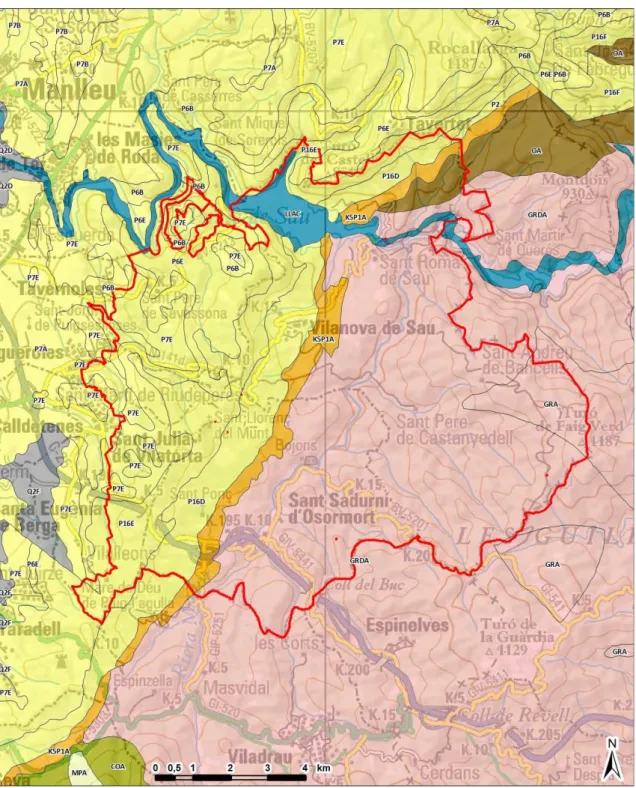 Figura  2.  Adaptació  simplificada  del  mapa  geològic  a  escala  1:250.000  de  Catalunya  (Institut  Geològic  de 