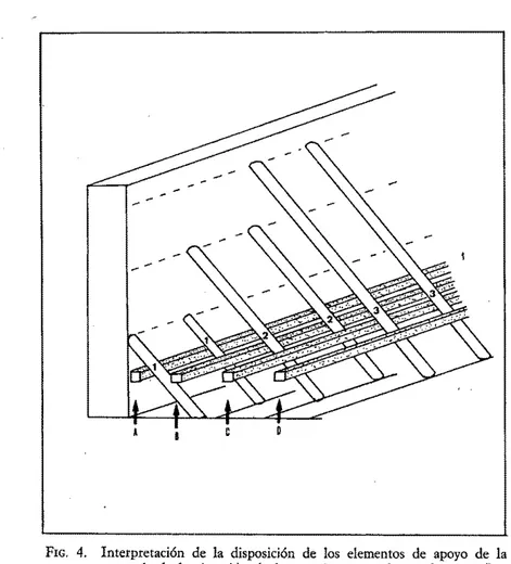 FIG.  4.  Interpretación  de  la  disposición  de  los  elementos  de  apoyo  de  la  presa  a través  de  la  situación  de  los  encajes  excavados  en  la  peña