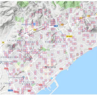 Figure 3. Randomly selected grids (100 m × 100 m) drawn over the Mataró map with the sampled 