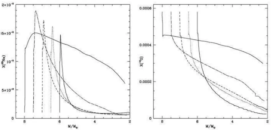 Figure 1.21: Left panel: variation during evolution of sodium abundance at the surface model with initial mass 6 M ⊙ (light solid line), 6.5 M ⊙ (dotted), 7 M ⊙ (dashed) 7.5 M ⊙ (dot-dashed) and 8 M ⊙ (solid).