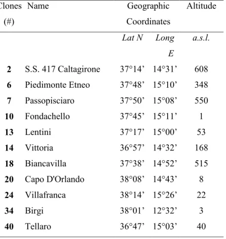 Table  2  -   List  of  collected  clones,  geographic  coordinates  and  altitude,  according  to  Cosentino et al., 2006