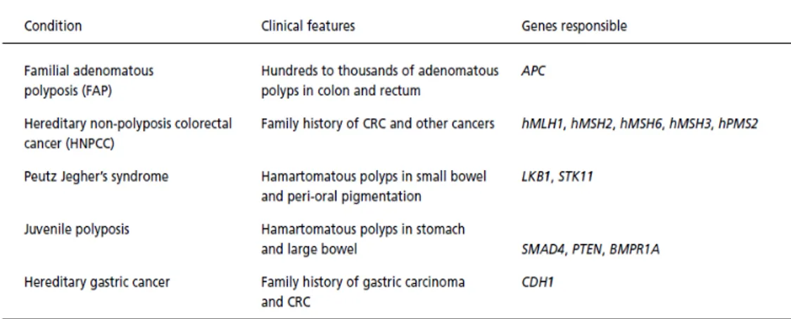 Tabella 1. Sindromi cliniche con un aumentato rischio per il carcinoma del colon-retto e loro  basi genetiche (da Fearnhead NS