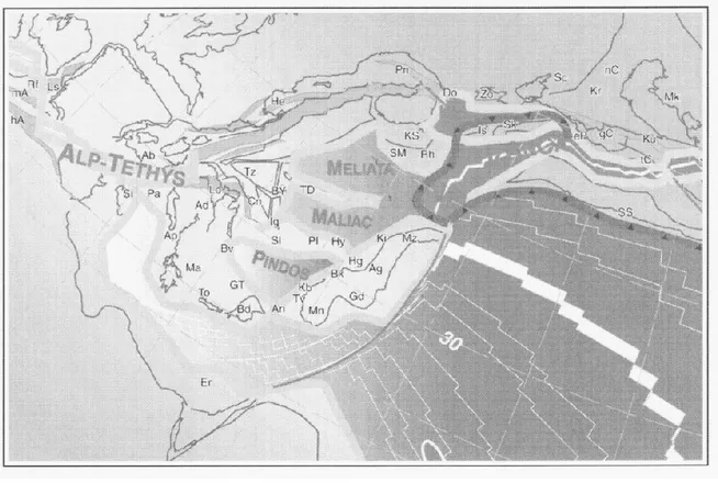 Figura  1-  Ricostruzione  del  Giurassico  medio  (Aaleniano,  180  Ma).  I  bacini  oceanici  Pindos,  Maliac  e  Meliata 