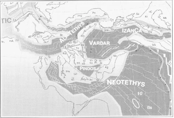 Figura 2 -  Ricostruzione del Cretaceo inferiore (Aptiano, 120 Ma). L’apertura del Bacino del Valdar è provocata dalla 
