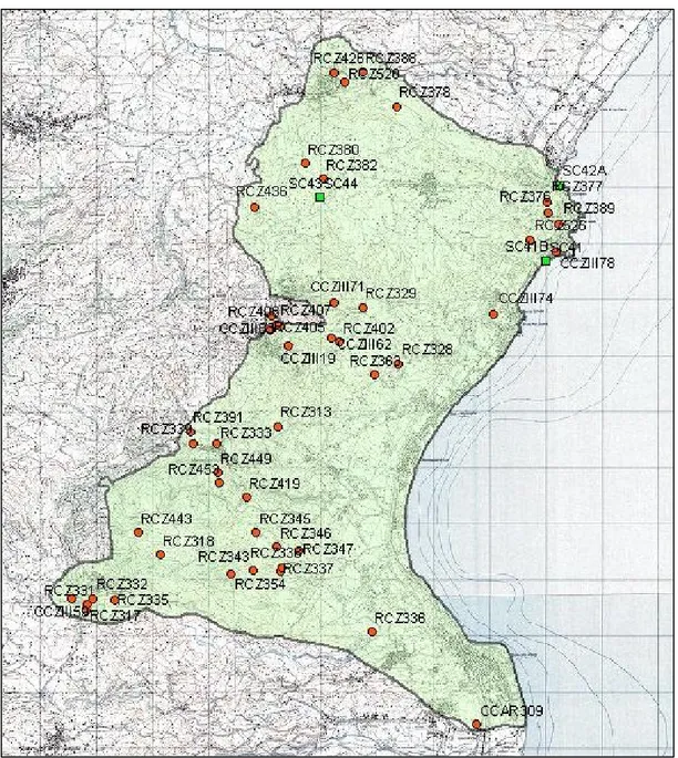 Figura 27 - Area di Petrizzi - Squillace - Distribuzione dei campioni di rocce plutoniche  La  scelta  è,  dunque,  ricaduta  sull’area  di  Petrizzi-Squillace,  estesa  per  circa  53  km 2 ,  ove  la  distribuzione  dei 52 campioni georeferenziati,  per 