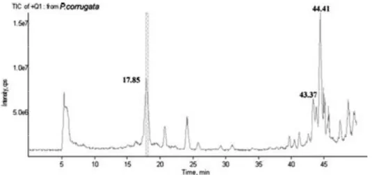 Fig. 10 - Representative chromatogram of P. corrugata PVCT 10.3 culture filtrate. The profile reports peaks eluting at 17.85 min corresponding to Cormycin-A and two peaks at 43.37 and 44.41 min corresponding to corpeptin A and B