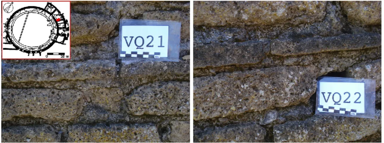 Figura 15. Foto delle aree di prelievo dei campioni VQ21 e VQ22 presso le mura del tamburo del Viridarium.