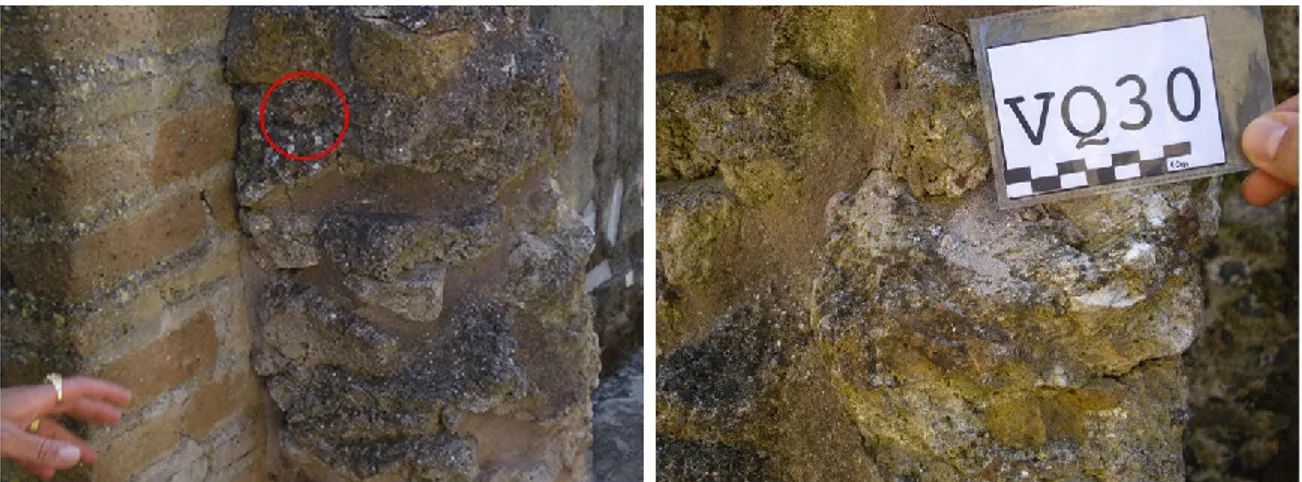 Figura 17. A sinistra foto generale del paramento murario dal quale è stato prelevato il campione VQ30 (foto a destra).