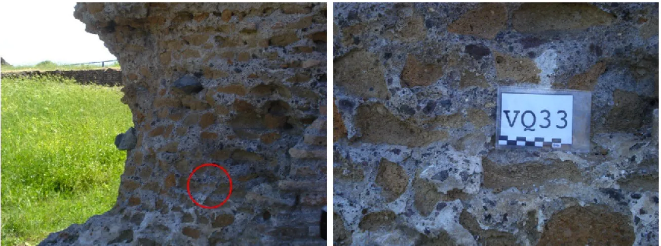 Figura 19. A sinistra foto generale del paramento murario dal quale è stato prelevato il campione VQ33 (foto a destra).