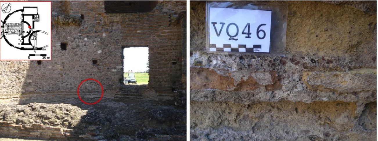 Figura 25. A sinistra foto generale del paramento murario dal quale è stato prelevato il campione VQ46 (foto a destra).
