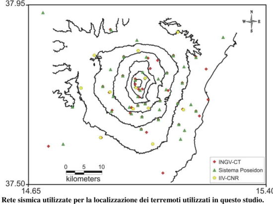 Fig. 4.2 - Rete sismica utilizzate per la localizzazione dei terremoti utilizzati in questo studio.