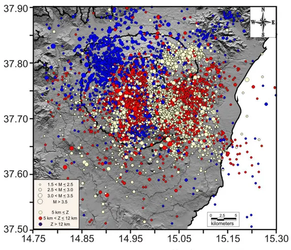 Fig. 4.4 - Mappa ipocentrale dei terremoti etnei nel periodo 1995-2011 con Md &gt; 1.5