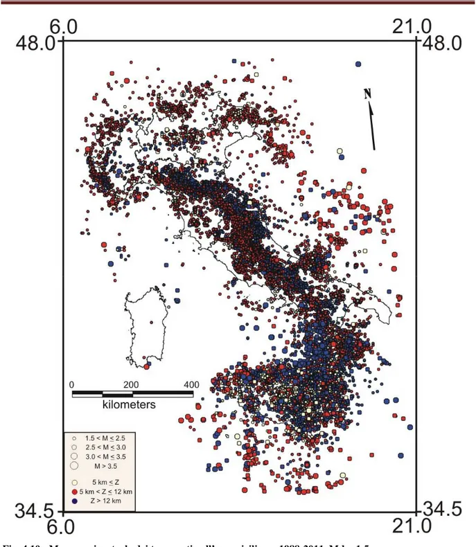 Fig. 4.10 - Mappa epicentrale dei terremoti nell’area siciliana, 1988-2011, Md &gt; 1.5.