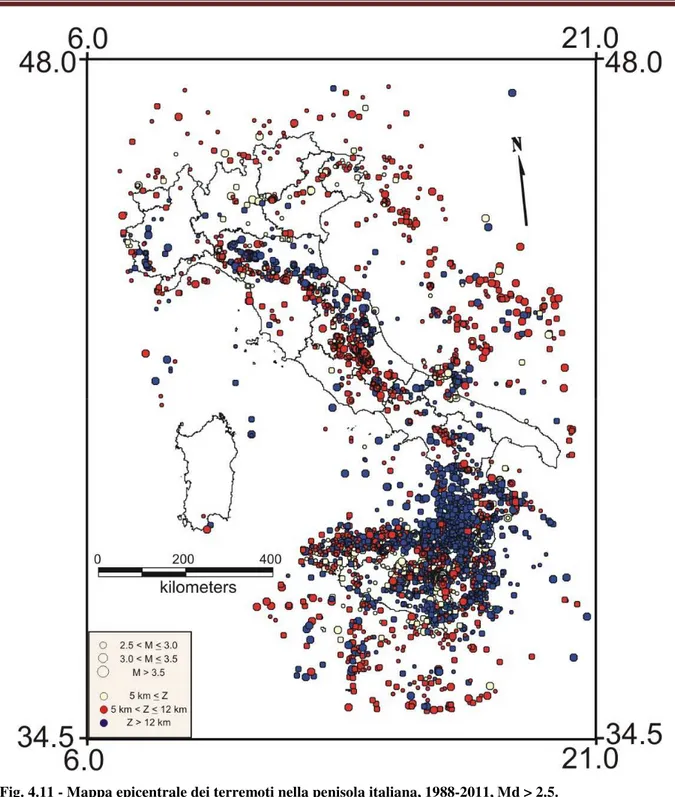 Fig. 4.11 - Mappa epicentrale dei terremoti nella penisola italiana, 1988-2011, Md &gt; 2.5.