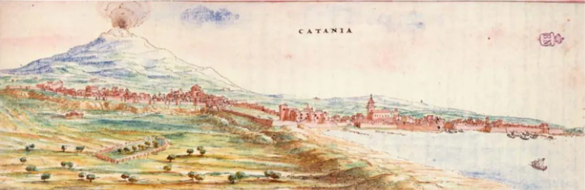 Fig. 1. Catania, in T. Spannocchi, Descripcion de las Marinas de todo el Reino de Sicilia..., 1596,  disegno a penna con velature di acquerello, mm 309x104 