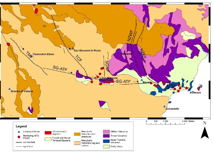 Fig.  5.1.  Structural  elements  of  Tremestieri-Trecastagni-San  Gregorio-Acitrezza  Fault  System;  geologic  map  (modified after Monaco et