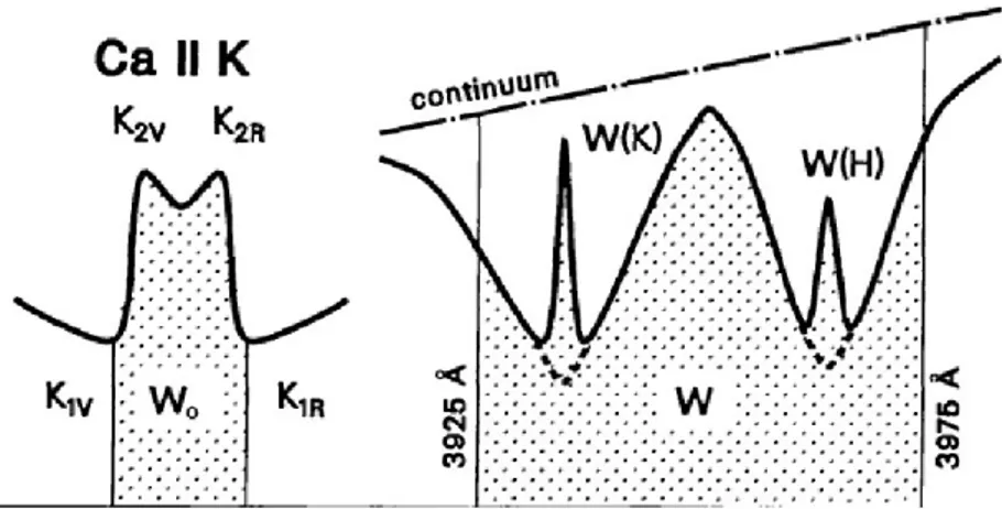 Figure 2.16: Left graph: Red(R) and violet (V) K 1 points of the central CaII K emission determine the