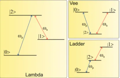 Figure 3.1: Schemi Lambda, Vee e Ladder per sistema a tre livelli In the Lambda conguration, the external eld couple the highest energy level |2⟩ with the other two |0⟩ e |1⟩; in other word |2⟩ is the linkage between the two state |0⟩ and |1⟩ in the two 