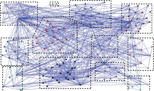 Fig. 2.10. A FA network with 154 nodes. The network is divided in 12 communities.