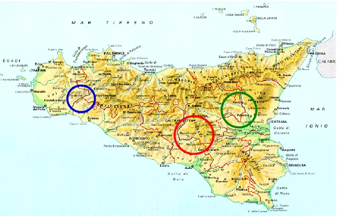 Figura  2.  Principali  aree  di  coltivazione  in  Sicilia:  in  rosso  le  “Colline  di  San  Cono”,  in  verde  il  “Sud  Ovest  Etneo” ed in blu la “Valle del Belice”  