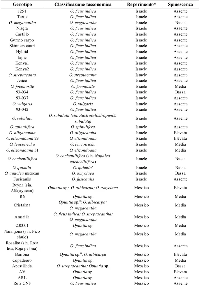 Tabella 1. Lista delle accessioni di Opuntia reperite ed introdotte nel campo collezione 