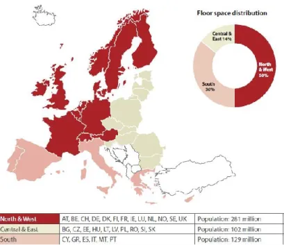 FIGURE 1.5: EU Countries considered within BPIE survey together with population and floor distribution breakdown [7] 