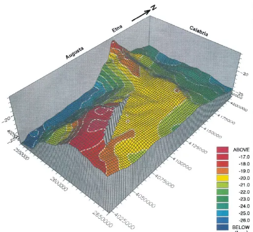 Fig. 7- Perspective view of Moho topography looking from the Ionian basin to NNW. 