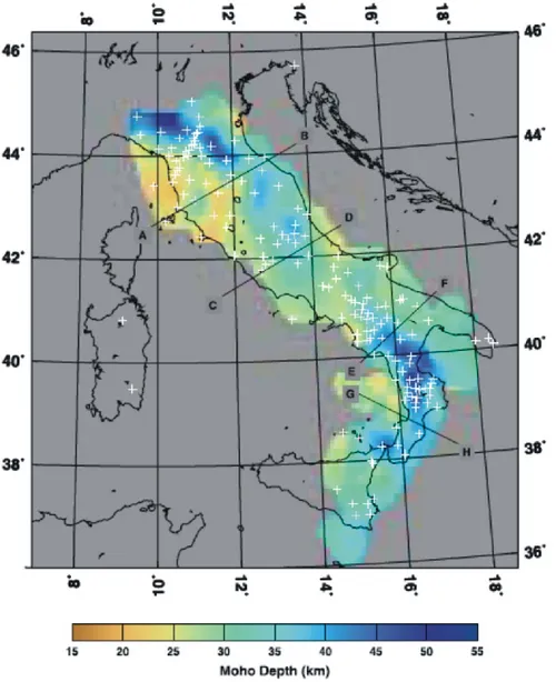 Fig.  11-  Map  of  Moho  depth  in  peninsular  Italy.  Crosses  indicate  seismic  stations