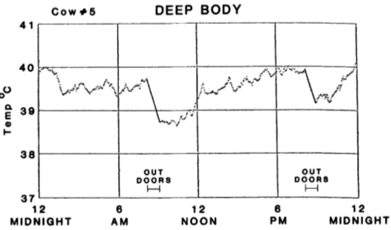 Figura 4 - Ritmo “circadiano bifasico” della temperatura corporea di una bovina da  latte (adattato da Bitman et al., 1984)